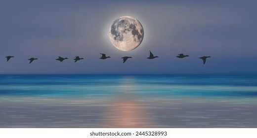 Panoramic moonlit landscape showing a flight of migratory birds over the ocean.