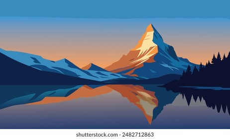 Panoramic morning view of Stellisee lake with Matterhorn Cervino peak on background. Impressive autumn scene of Swiss Alps, Zermatt resort location, Switzerland, Europe. flat vector illustration