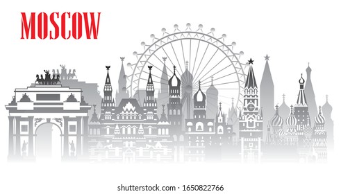 Panoramic Moscow skyline travel illustration with main architectural landmarks. Worldwide traveling concept. Moscow city landmarks, monochrome gradient russian tourism and journey vector background.