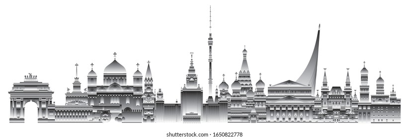Panoramic Moscow skyline travel illustration with main architectural landmarks. Worldwide traveling concept.Moscow city landmarks in black and white gradient colors.Russian tourism vector background.