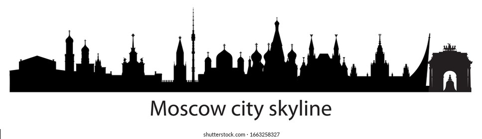 Panoramic Moscow skyline travel illustration with main architectural landmarks. Worldwide traveling concept. Moscow city silhouette landmarks, monochrome russian tourism and journey vector background.