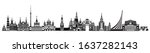 Panoramic Moscow skyline vector illustration. Vector illustration of landmarks of Moscow, Russia in black and white colors isolated on white background. 