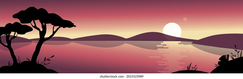 Panoramic mountain bright sunny landscape with a large lake - Vector illustration