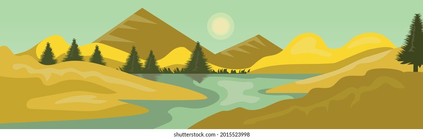 Panorámico montaña paisaje soleado brillante con bosque denso - Ilustración vectorial