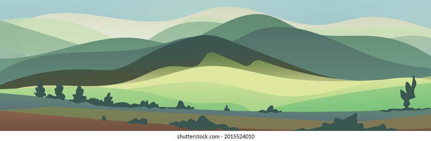 Panoramic mountain bright sunny landscape with dense forest - Vector illustration