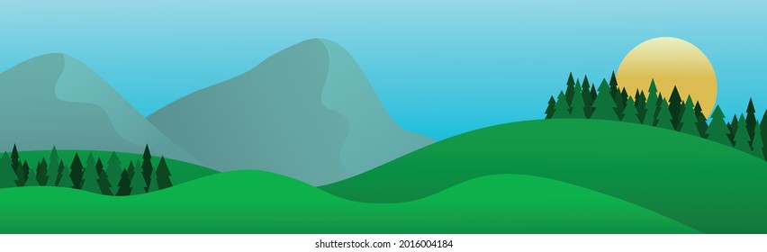 Panorámico montaña paisaje soleado brillante con bosque denso - Ilustración vectorial