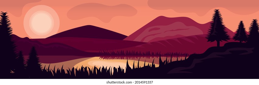 Panoramababendlandschaft auf dem Hintergrund eines dichten Waldes - Vektorgrafik