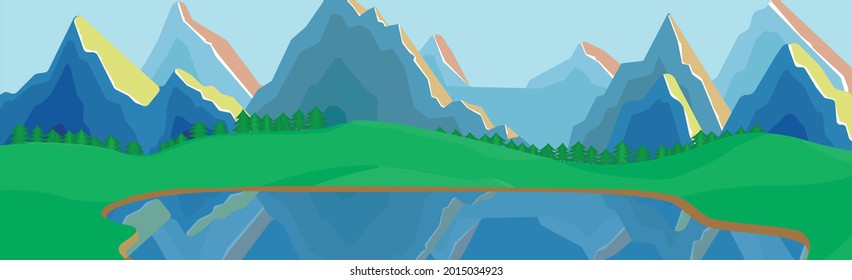 Panoramic mountain evening landscape on the background of a dense forest - Vector illustration