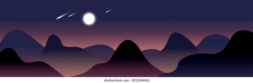 Panoramic mountain evening landscape on the background of a dense forest - Vector illustration