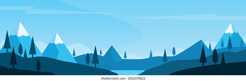 Panoramic mountain evening landscape on the background of a dense forest - Vector illustration