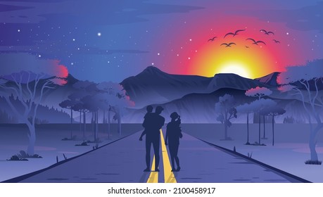 Panoramic mountain evening landscape on the background of a dense forest with a couple.
