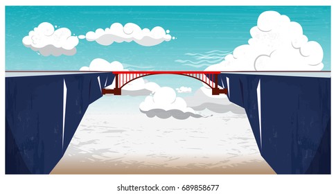 Panoramic Mountain landscape with blue sky, white clouds and red bridge