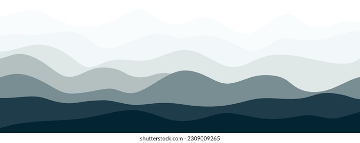 Panoramic mountain landscape. Horizontal landscape with blue misty silhouettes of mountains. Minimal abstract design for poster, banner, wall art, background. Vector illustration