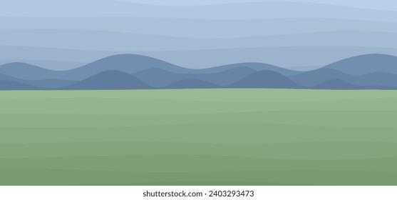 Panoramic mountain landscape. Horizontal illustration for background. Abstract modern and stylized illustration of Grass land, mountains silhouettes and blue sky. Natural flat Vector illustration