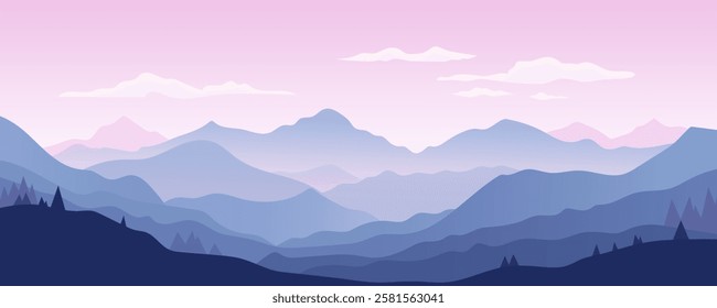 Panoramic mountain landscape in lavender colors. Beautiful high mountains, mountain peaks and their silhouettes in the fog, trees, clouds, sky in purple and pink colors. Vector illustration.