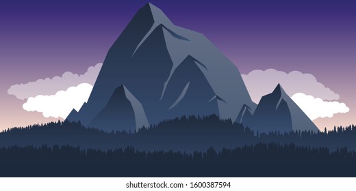 Panoramic Mountain Landscape Vector Illustrotion Drawing. Sunset, Sunrise Colors with clouds