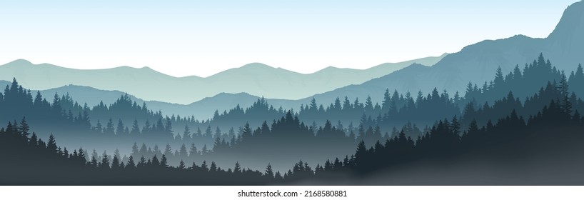 	
Panoramic mountain landscapes, pine forests and mountains in the morning.	
