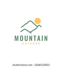 panoramic mountain peak high hill forest sunset outdoor modern minimal line logo design vector