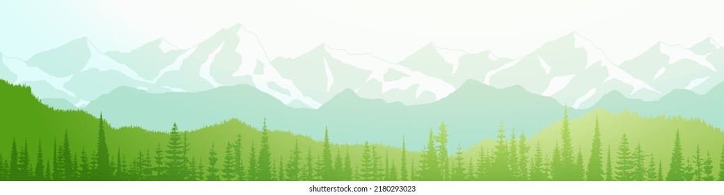 Vista panorámica de las montañas, paisaje de verano, cumbres montañosas nevadas y bosques verdes