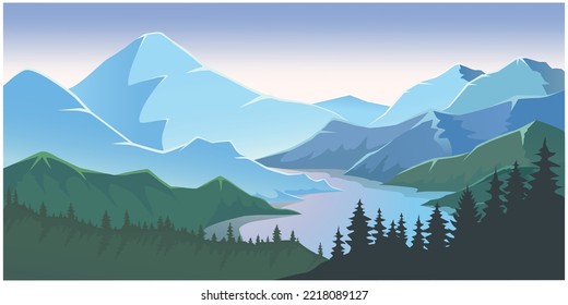 Panoramic mountain view with trees. Summer mountain landscape, background, 4K wallpaper, forest, picturesque blue lake, mountains against the horizon, mornings vector landscape.