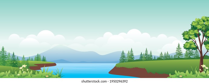 Panoramic mountains landscape cartoon illustration, natural banner, beautiful rural scenery, summer panorama, green highlands, and lake