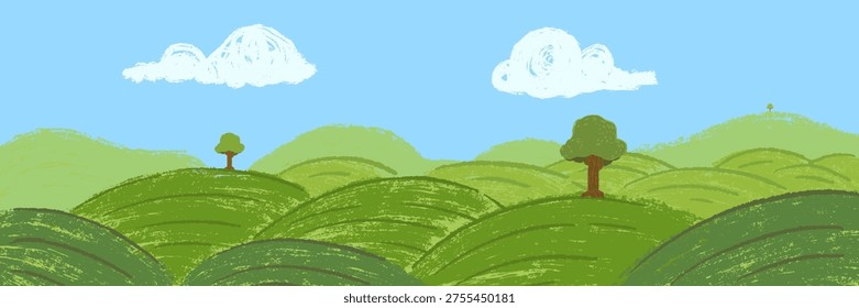 Panoramic nature landscape featuring soft rolling green hills with stylized trees and spiral shaped clouds in bright blue sky. Scribble art background for children book or game in hand drawn cartoon doodle style made from pencil, marker or chalk crayon.