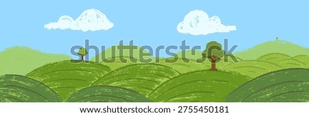 Panoramic nature landscape featuring soft rolling green hills with stylized trees and spiral shaped clouds in bright blue sky. Scribble art background for children book or game in hand drawn cartoon doodle style made from pencil, marker or chalk crayon.