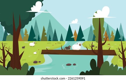 Panoramic nature landscape illustration vector background for nature ecology environment event