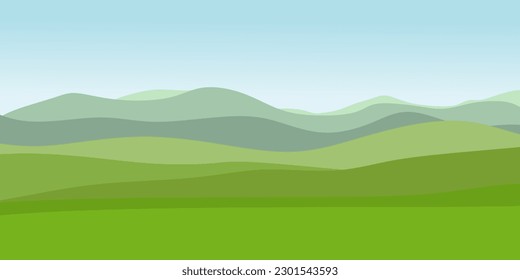 Panoramic Nature landscape with mountains, hills, green field and blue sky. Summer Season Banner. illustration in flat cartoon style. Vector
