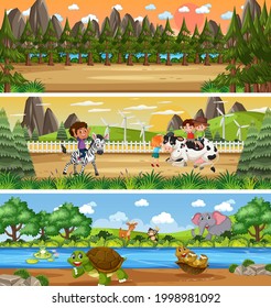 Panoramic nature landscape scene set with cartoon character illustration