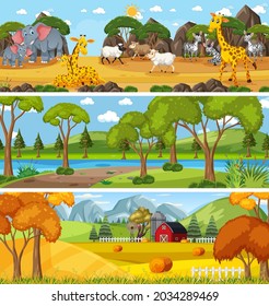 Panoramic nature landscape scene set with cartoon character illustration