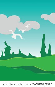 panoramic nature landscape with small hills and rocks
