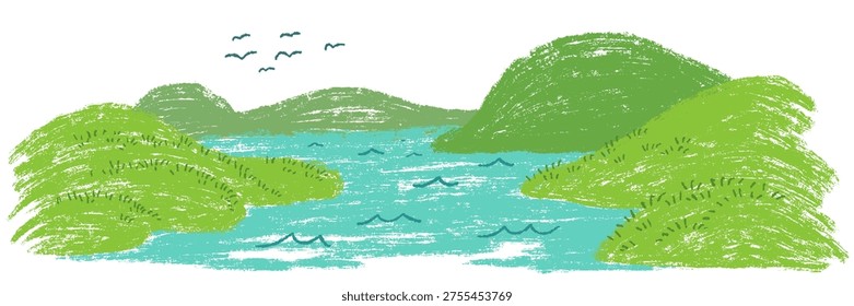 Panoramic nature scene with winding blue river flowing through vibrant green hills and islands under sky with birds. Scribble vector background for children book or game in cartoon doodle style made from pencil, marker or chalk crayon.