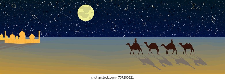 Panoramic Night Landscape of the Desert. Caravan of Camels Goes to the Arabic Oasis. Silhouette Design in a Flat Style. Vector Illustration