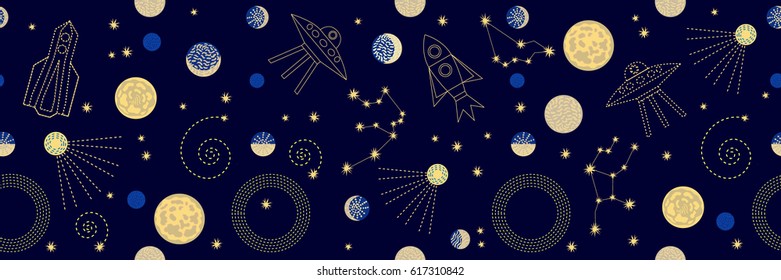 Panoramic night sky. Seamless vector pattern with stars, planets, space ships and constallations.