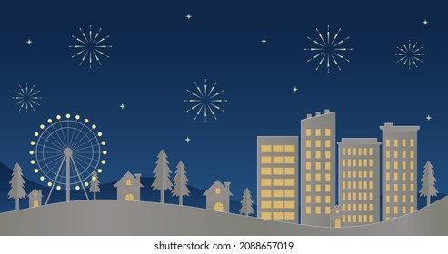 Panoramic night view decorated with stars and fireworks with buildings and Ferris wheel in paper cut style vector illustration