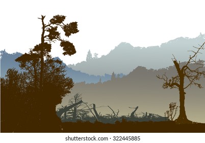 Panoramic nostalgic landscape with mountains, silhouettes of trees and plants 