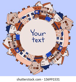 Panoramic old town frame background on blue, vector