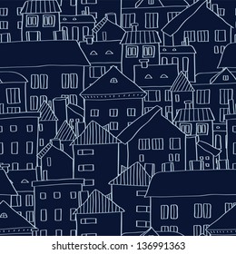 Panoramic old town seamless background in dark blue, vector