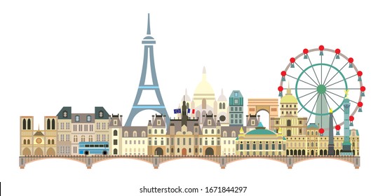 Panoramic Paris City Skyline. Colorful isolated vector illustration on white background. Vector illustration of main landmarks of Paris, France. Paris vector icon. Paris building outline.