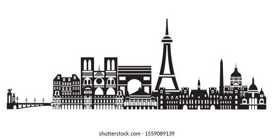 Panoramic Paris City Skyline vector Illustration in black and white colors isolated on white background. Vector silhouette Illustration of landmarks of Paris,France.