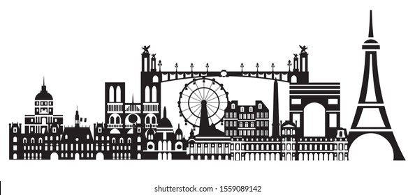 Panoramic Paris City Skyline vector Illustration in black and white colors isolated on white background. Vector silhouette Illustration of landmarks of Paris,France. 