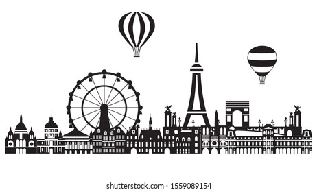 Panoramic Paris City Skyline vector Illustration in black and white colors isolated on white background. Vector silhouette Illustration of landmarks of Paris,France. 