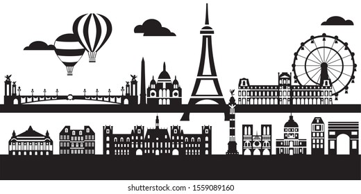 Panoramic Paris City Skyline vector Illustration in black and white colors isolated on white background. Vector silhouette Illustration of landmarks of Paris,France. 