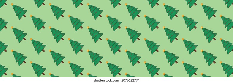 Panoramic pattern of Christmas tree on a green background. Concept of New Year and Christmas holidays. Can be used as a background.