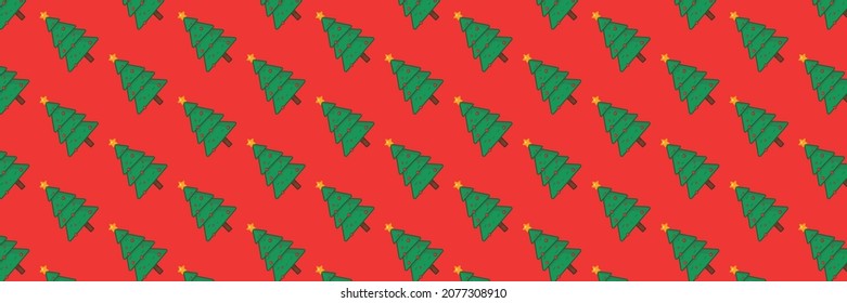 Panoramic pattern of Christmas trees on a red background. The concept of New Year and Christmas holidays. Can be used as a background. Winter time. Vector illustration eps 10.