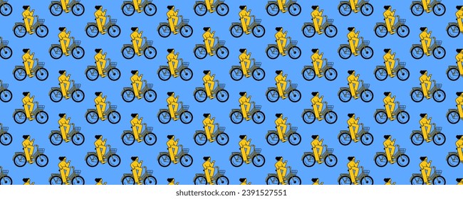 Panoramic pattern of a girl on a bicycle. Minimalistic illustration. Can be used as a background.