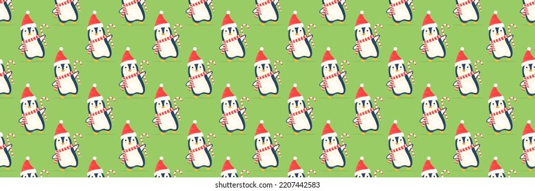 Panoramic pattern of a penguin with a Christmas lollipop and a red hat. Can be used as a background. The concept of New Year's holidays.