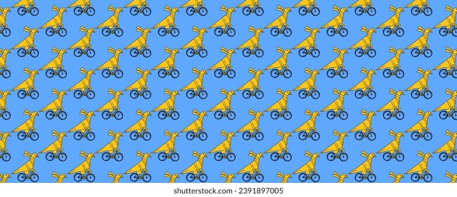 Panoramic pattern of a pigeon on a bicycle.