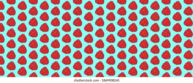 Panoramic pattern with red raspberries on a blue background